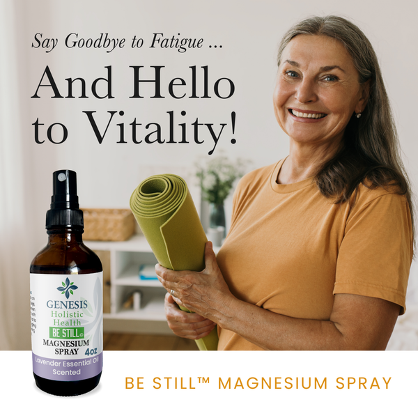 Be Still Magnesium Spray and a woman with a yoga mat