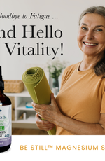 Be Still Magnesium Spray and a woman with a yoga mat