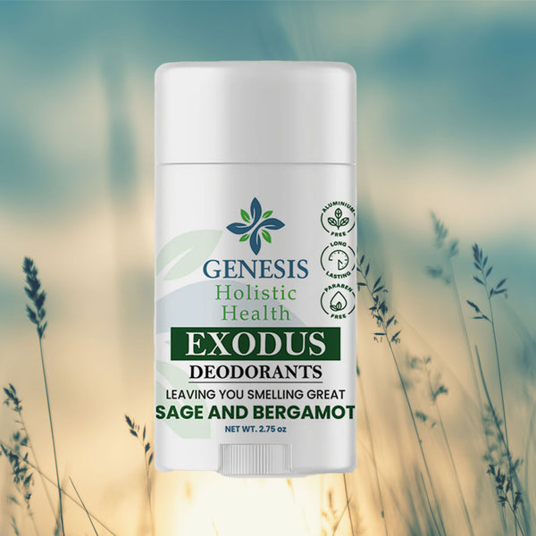 Genesis Exodus Deodorant against floral background